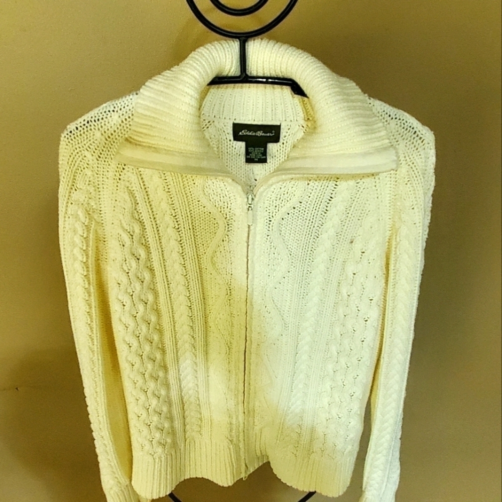 Eddie Bauer‎ Heavy Knitted Cream/Winter White LS Zippered Sz M Cardigan Sweater